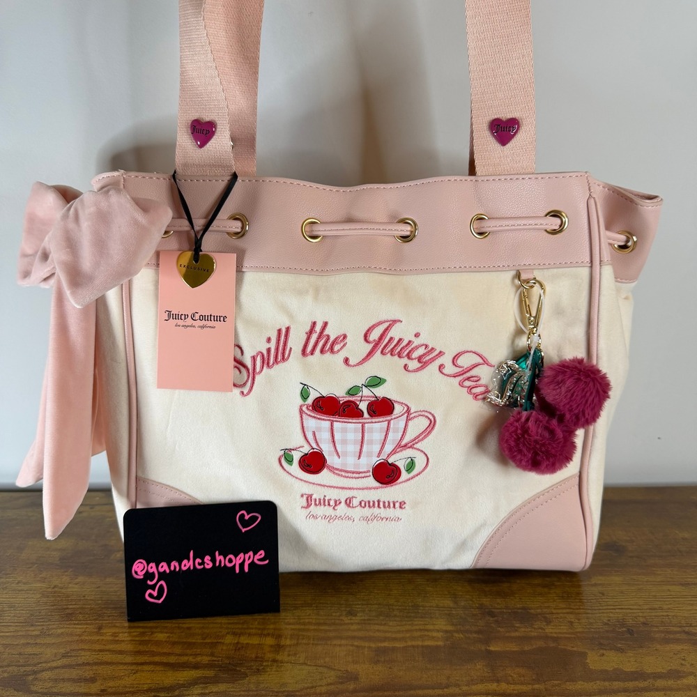 New Juicy Couture Sweet Spill The Tea Party White Light Pink Daydreamer Tote Bag